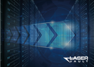Data center with overlay of speed arrows to emphasize accelerate testing and recovery operations