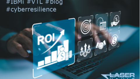 #IBMi #VTL #blog LaserVault on blue-black digital background showing Icons for ROI business elements over hands on keyboard